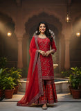 Royal Red Pure Silk Suit with Organza Dupatta & Banarasi Gharara – A Tale of Grace and Heritage