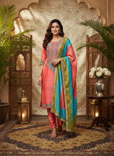 Peach Pure Raw Silk Suit with Hand Embroidery & Silk Dupatta
