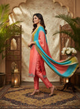 Peach Pure Raw Silk Suit with Hand Embroidery & Silk Dupatta
