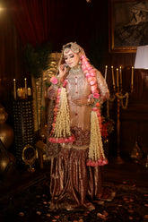 Champagne Gold & Deep Red Gharara Dress – Handcrafted Bridal Perfection