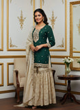Green Silk Shirt with Tissue Silk Gharara & Dupatta – Zari & Pearl Cutdana Work