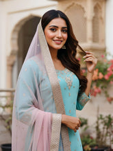 Aqua & Blush Pure Silk Gharara Set with Hand Zardozi Work