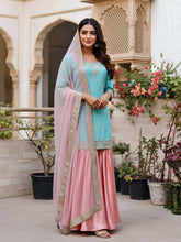 Aqua & Blush Pure Silk Gharara Set with Hand Zardozi Work
