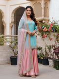 Aqua & Blush Pure Silk Gharara Set with Hand Zardozi Work