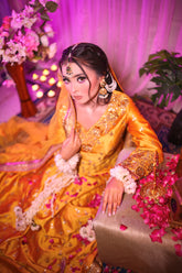 Yellow Tafta Silk Gown with Dabka & Gota Work – Bridal Mehndi Outfit