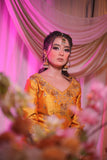 Yellow Tafta Silk Gown with Dabka & Gota Work – Bridal Mehndi Outfit