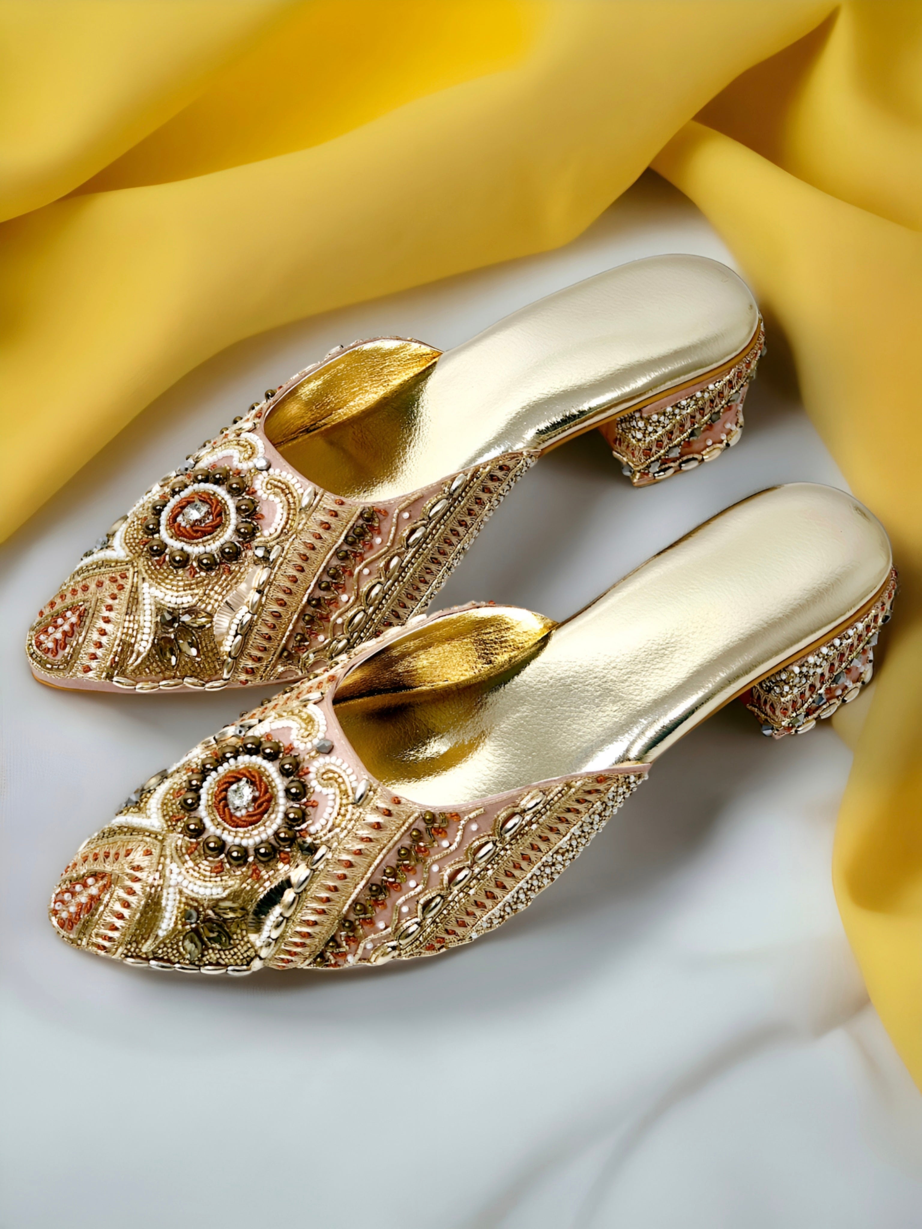 Buy Jutti – Golden Handcrafted Embroidered Heeled