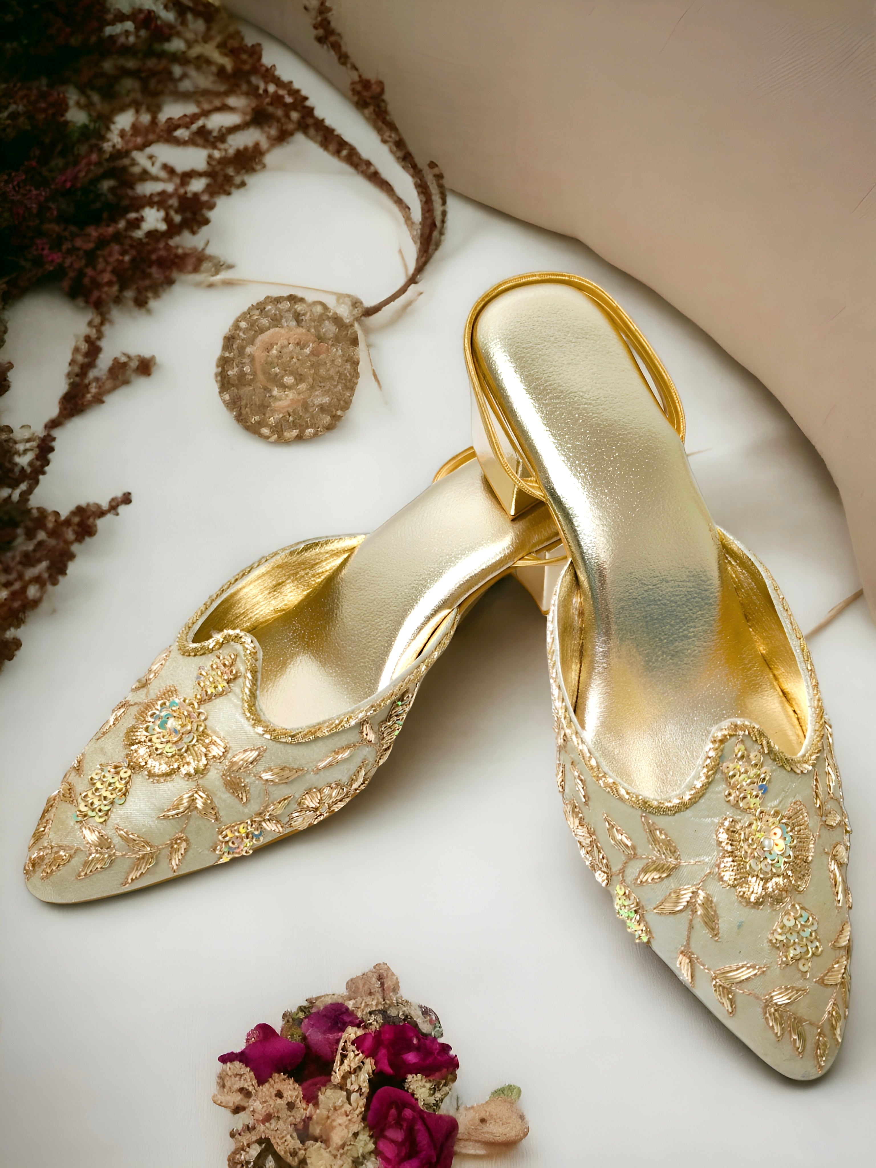 Buy Jutti – Champagne Gold Heel Jutti with Floral Embroidery for Women