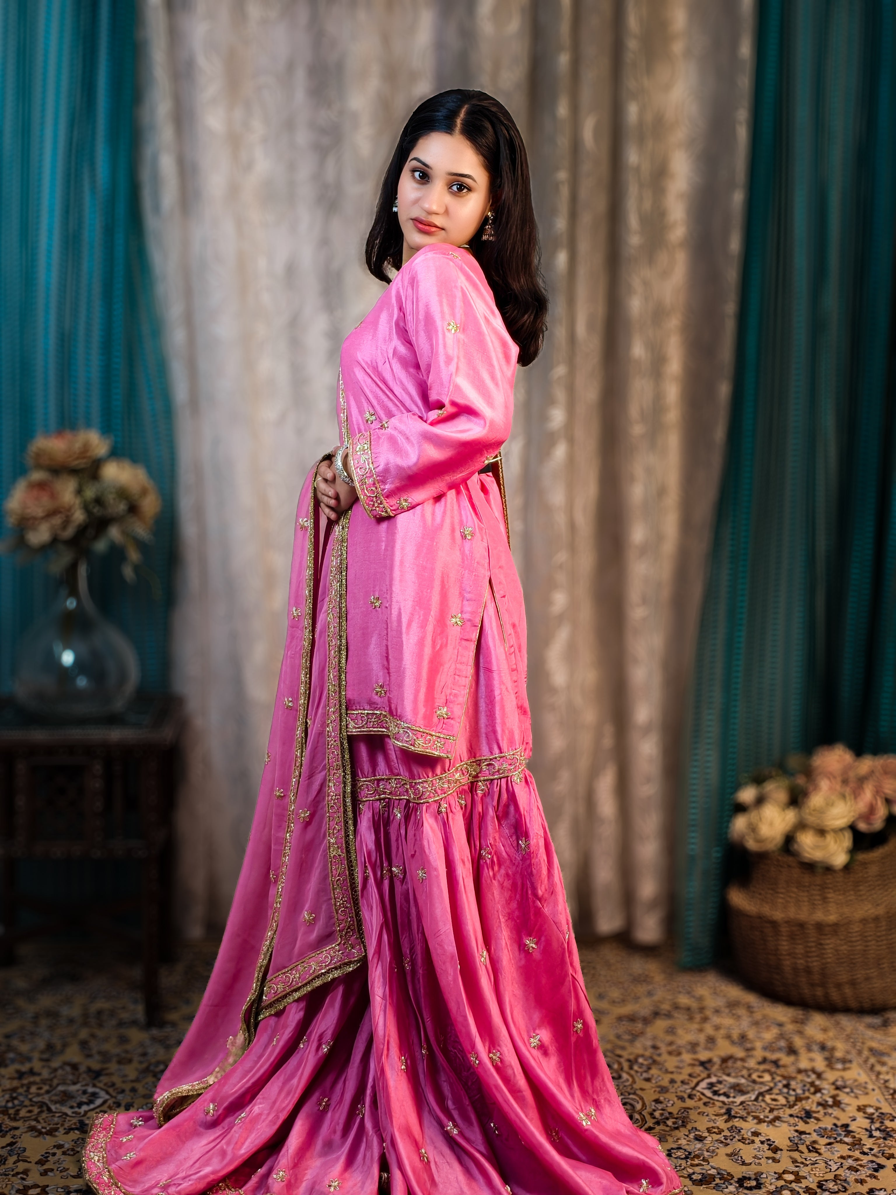 Pink Embroidered Sharara Set