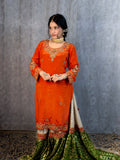 Gharara Set for Wedding – Orange Raw Silk Kameez with Green Banarasi Gharara & Embroidered Dupatta