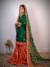 Elegant Green and Red Embroidered Gharara Dress for Brides & Festive Occasions