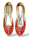 Red Bridal Jutti with Golden Zari, Sequin Embroidery & Crystal Studded Back