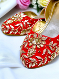 Red Bridal Jutti with Golden Zari, Sequin Embroidery & Crystal Studded Back