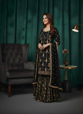 Black Pure Silk Gharara Suit with Zardozi & Sequined Dupatta