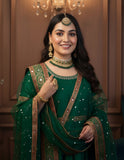 Emerald Green Taffeta Silk Gown with Mirror Work & Net Dupatta – Ethnic Occasion Wear