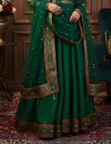 Emerald Green Taffeta Silk Gown with Mirror Work & Net Dupatta – Ethnic Occasion Wear