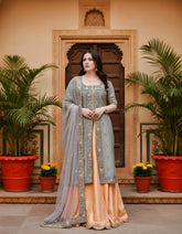 Grey & Peach Bridal Lehenga Set – A Regal Blend of Tradition and Grace