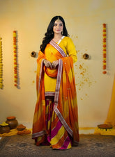 Yellow Chatapati Brocade Gharara Set with Multicolour Chiffon Dupatta – Festive Ethnic Wear