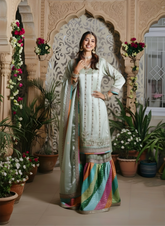 Luxury Handcrafted Pastel Green & Multicolor chatapati Gharara Set – A Royal Blend of Tradition & Elegance
