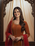 Royal Rust Anarkali Gown with Dupatta – Velvet Bridal Dress for Wedding & Festive Wear