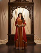 Royal Rust Anarkali Gown with Dupatta – Velvet Bridal Dress for Wedding & Festive Wear