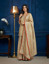 Golden Gharara Suit – A Royal Blend of Tissue Elegance & Red Banarasi Accents