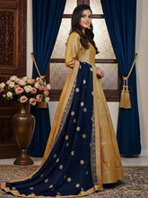 Royal Gold Banarasi Gown with Navy Chinnon Dupatta
