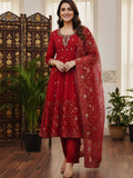 Red Zardozi Work Gown with Organza Dupatta