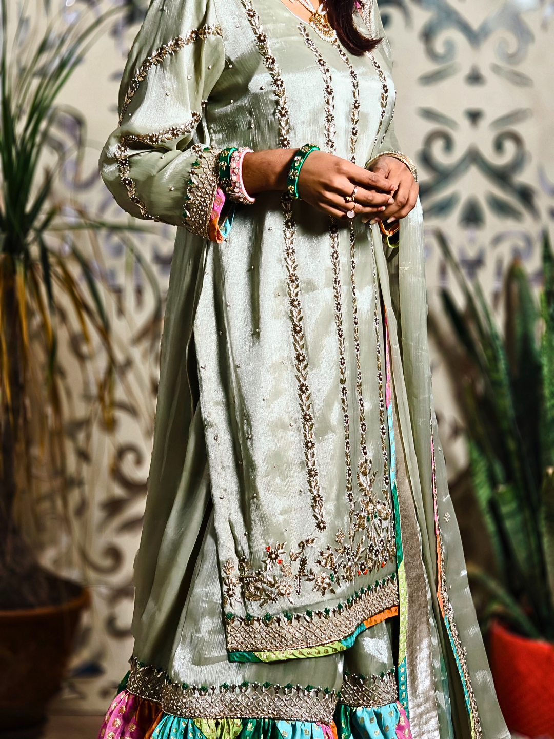 Luxury Handcrafted Pastel Green & Multicolor chatapati Gharara Set