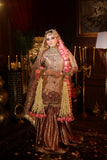 Champagne Gold & Deep Red Gharara Dress – Handcrafted Bridal Perfection
