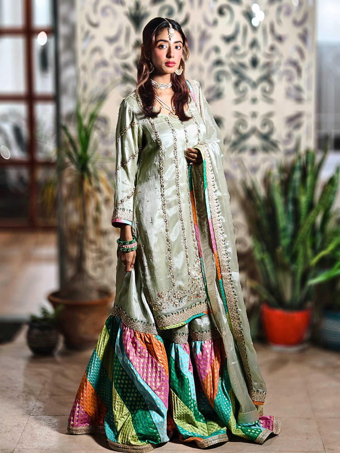 Luxury Handcrafted Pastel Green & Multicolor chatapati Gharara Set