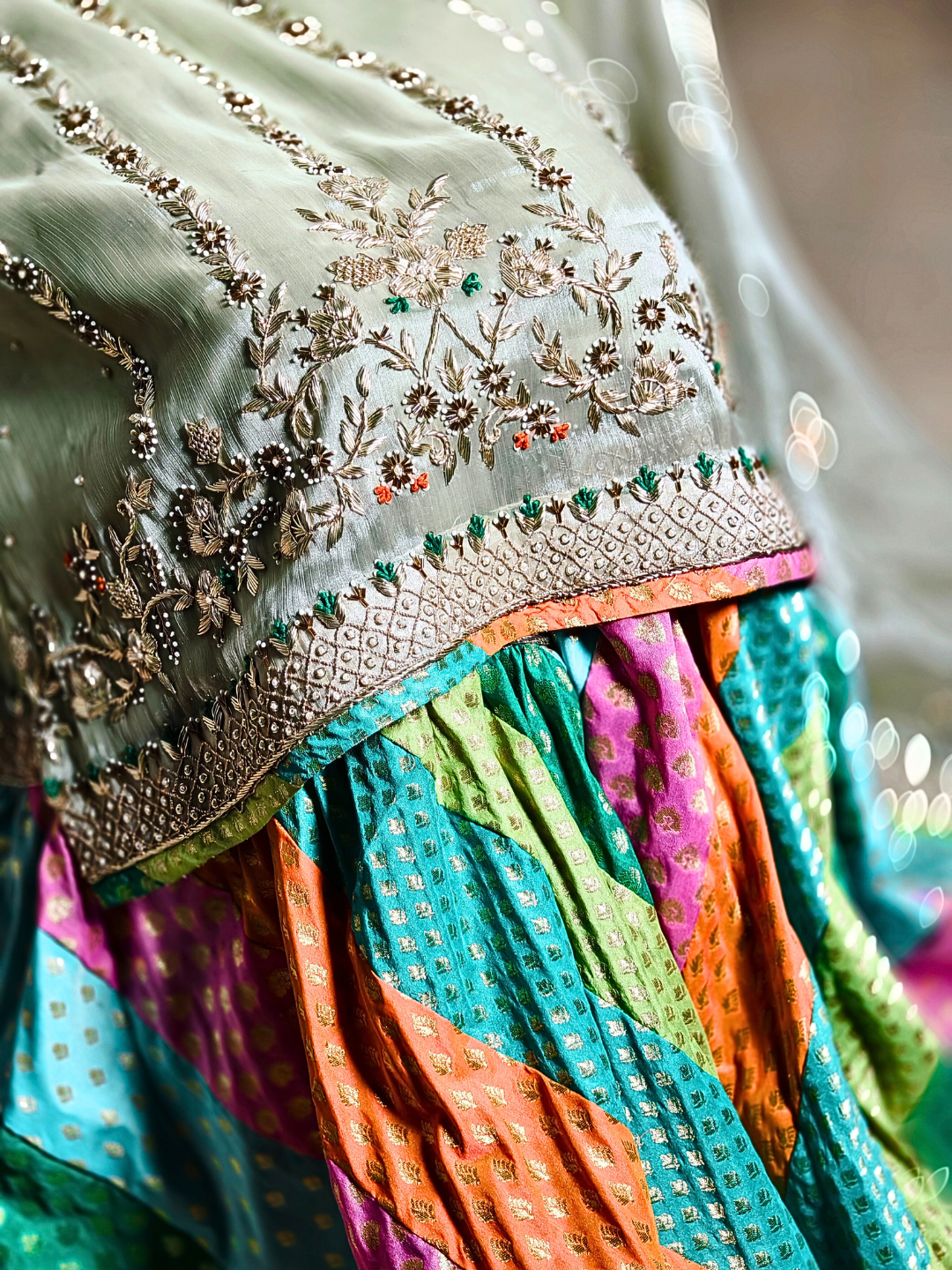 Luxury Handcrafted Pastel Green & Multicolor chatapati Gharara Set