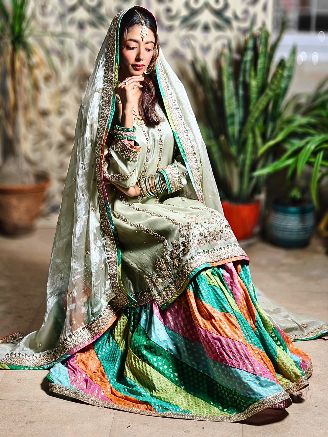 Luxury Handcrafted Pastel Green & Multicolor chatapati Gharara Set