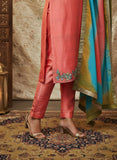 Peach Pure Raw Silk Suit with Hand Embroidery & Silk Dupatta