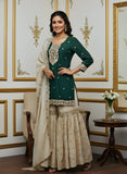 Green Silk Shirt with Tissue Silk Gharara & Dupatta – Zari & Pearl Cutdana Work