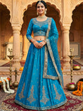 Teal Velvet Lehenga Choli with Net Dupatta & Dabka Zardozi Work
