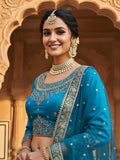 Teal Velvet Lehenga Choli with Net Dupatta & Dabka Zardozi Work