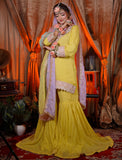 Sunshine Yellow Gharara Set – Elegant Mehndi & Haldi Outfit with Pastel Dupatta