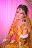 Yellow Tafta Silk Gown with Dabka & Gota Work – Bridal Mehndi Outfit