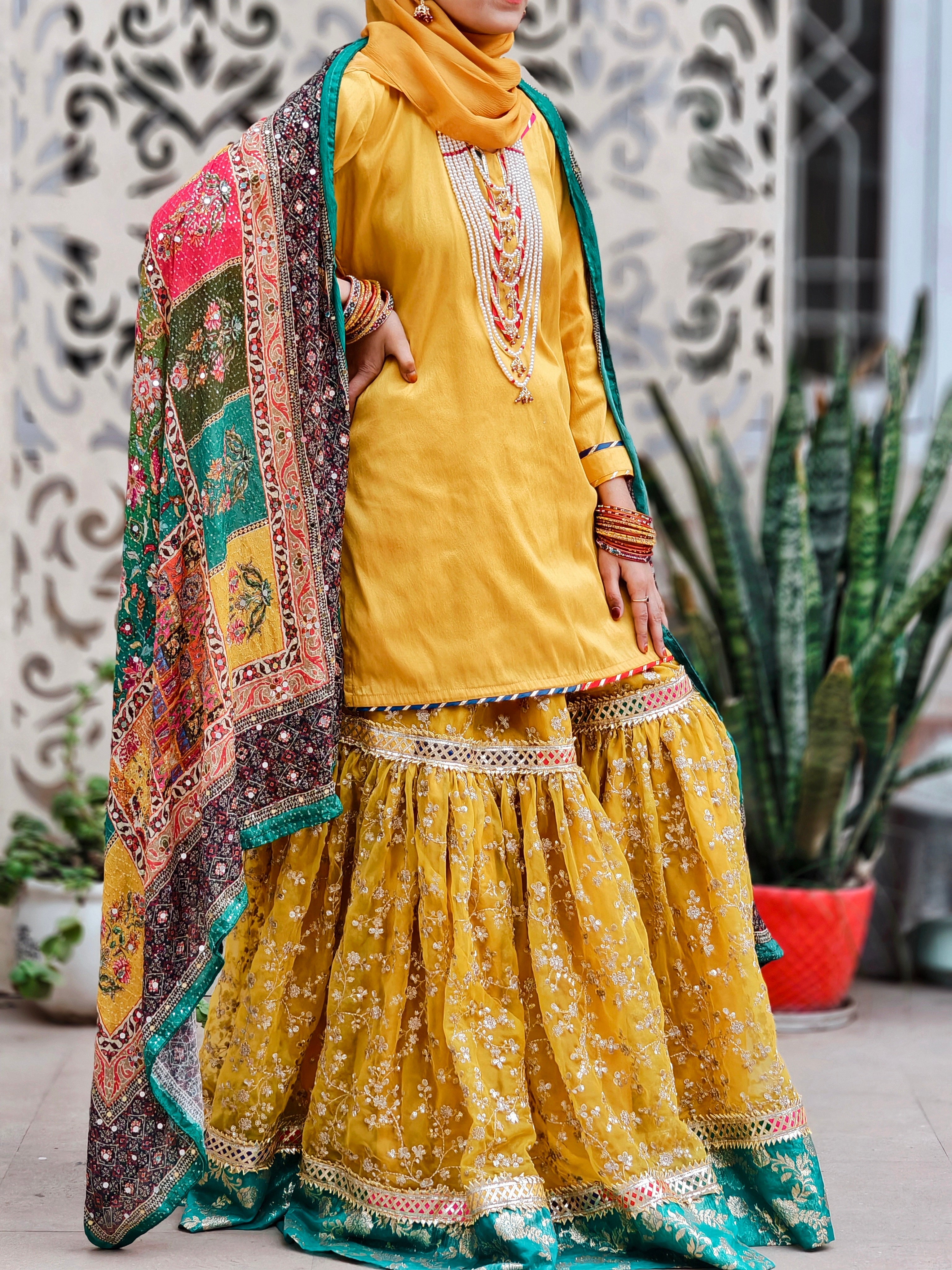 Sunshine Yellow Gharara Dress with Multicolour Dupatta