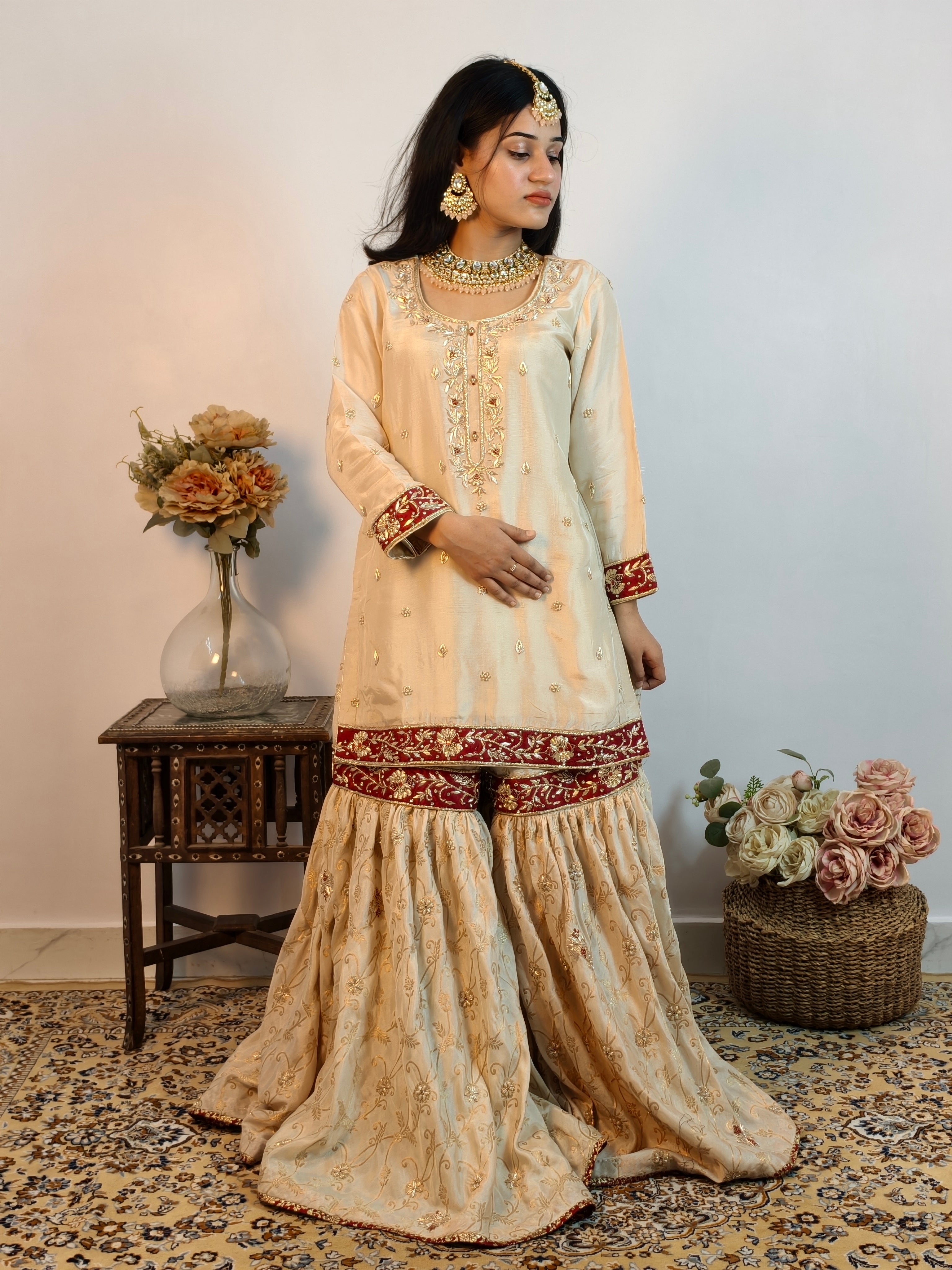 Ivory and Maroon Gharara Set 