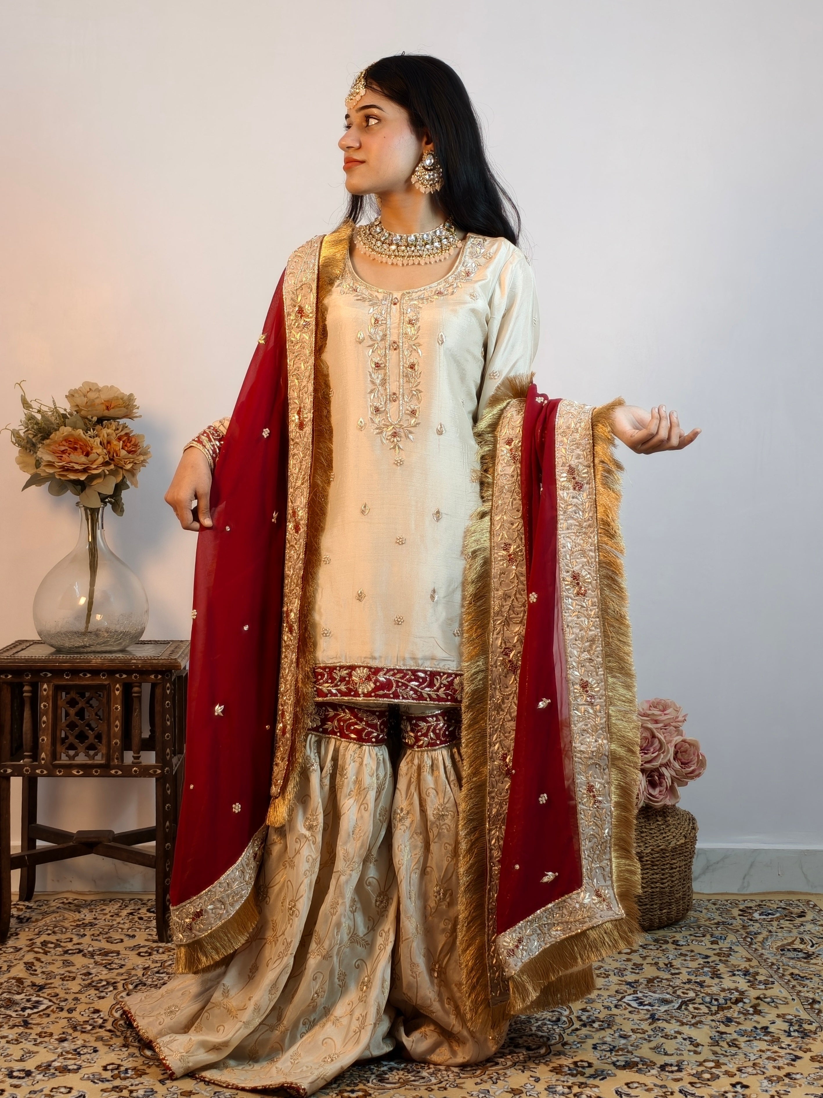 Ivory and Maroon Gharara Set 