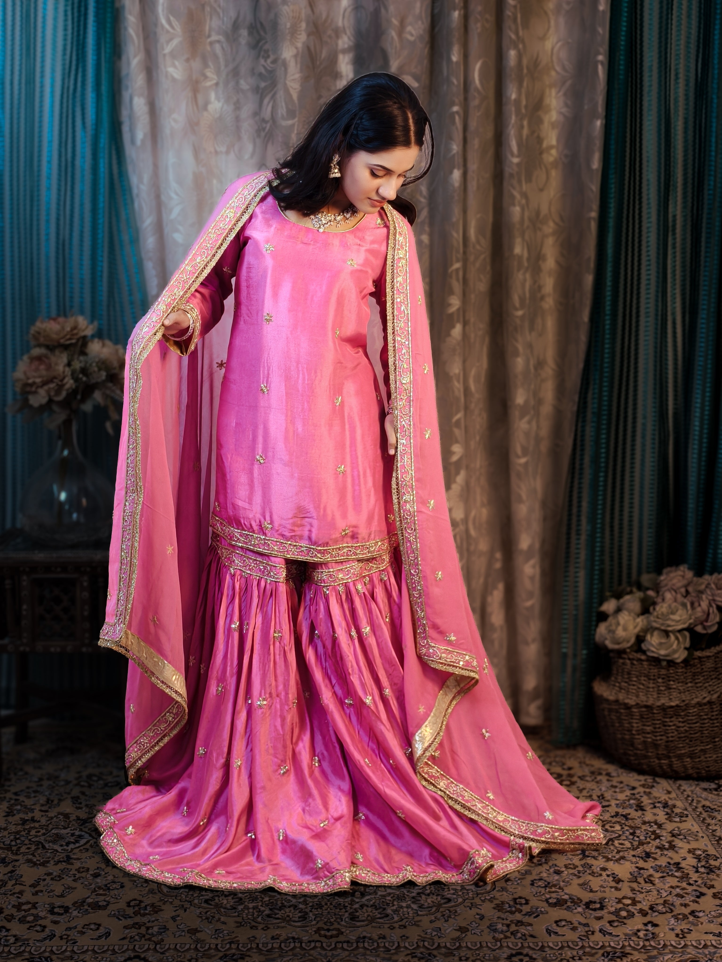 Pink Embroidered Sharara Set