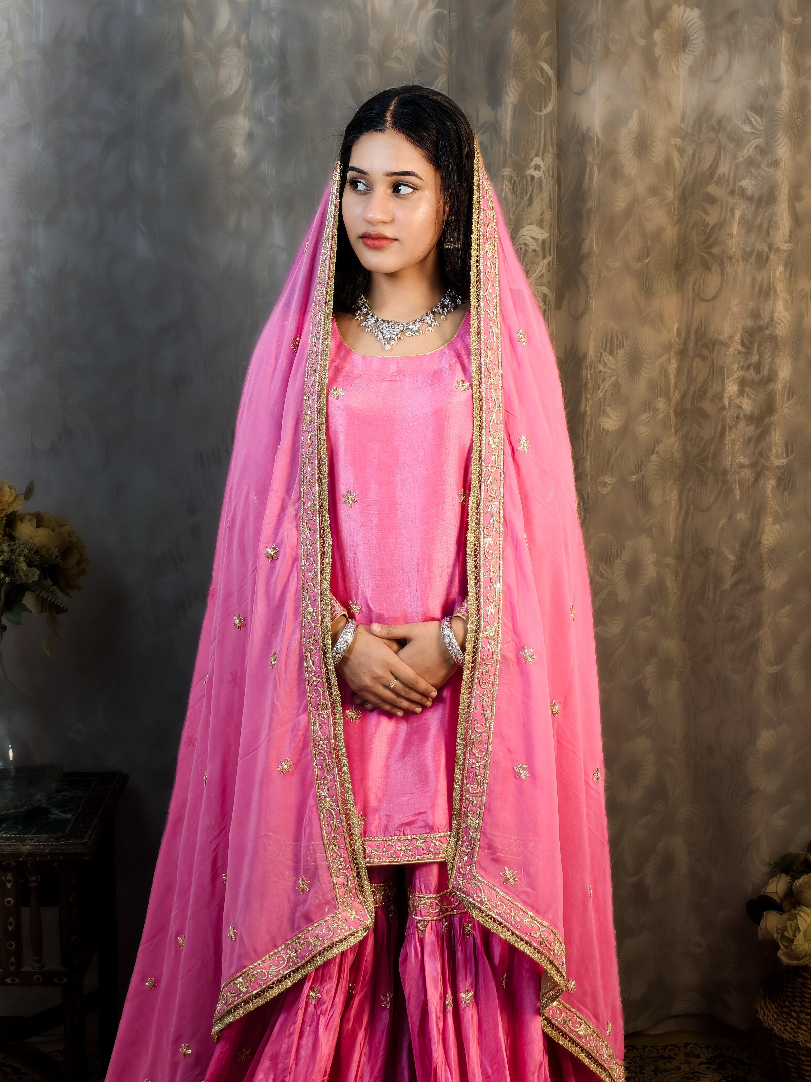 Pink Embroidered Sharara Set