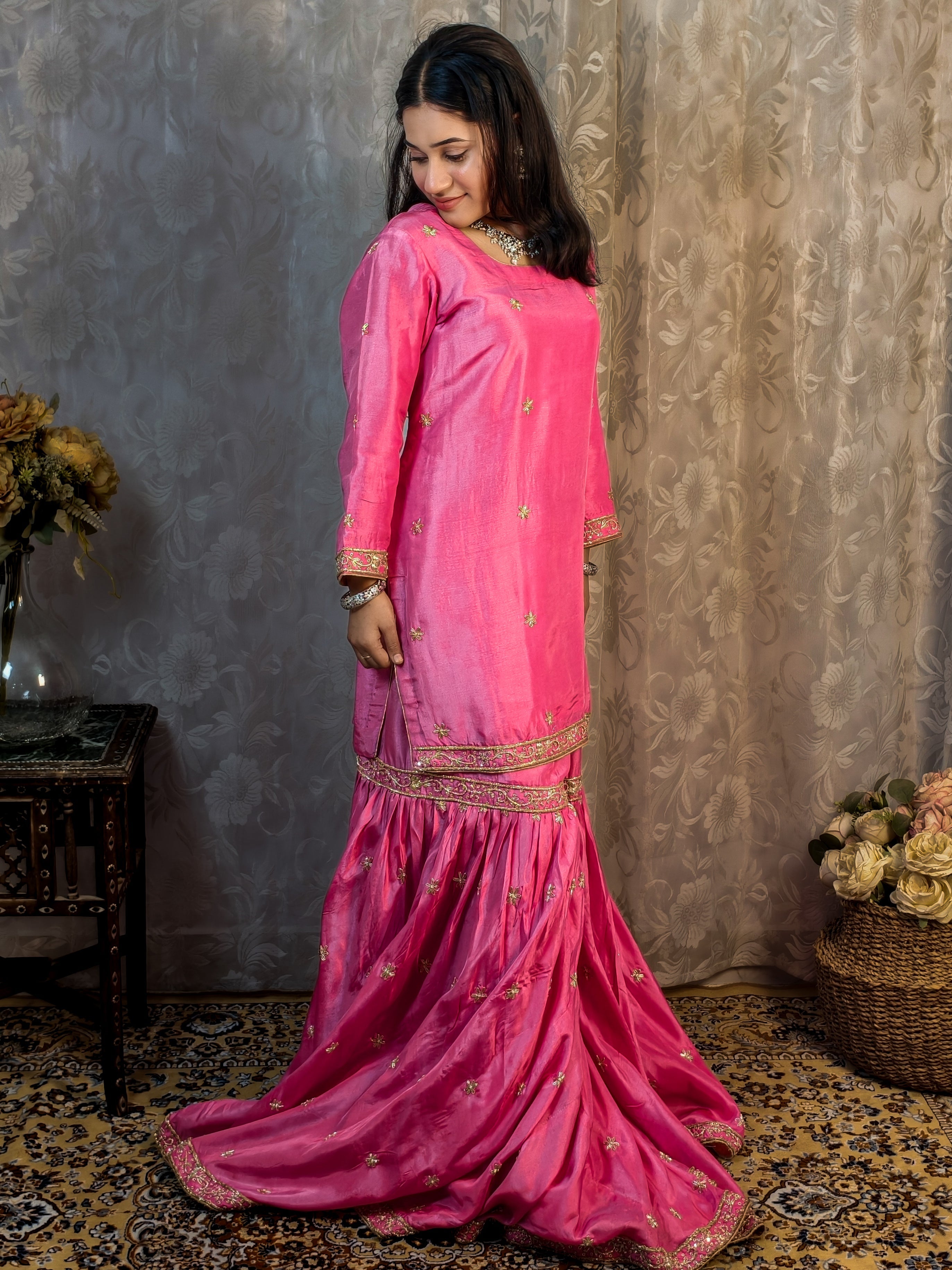 Pink Embroidered Sharara Set