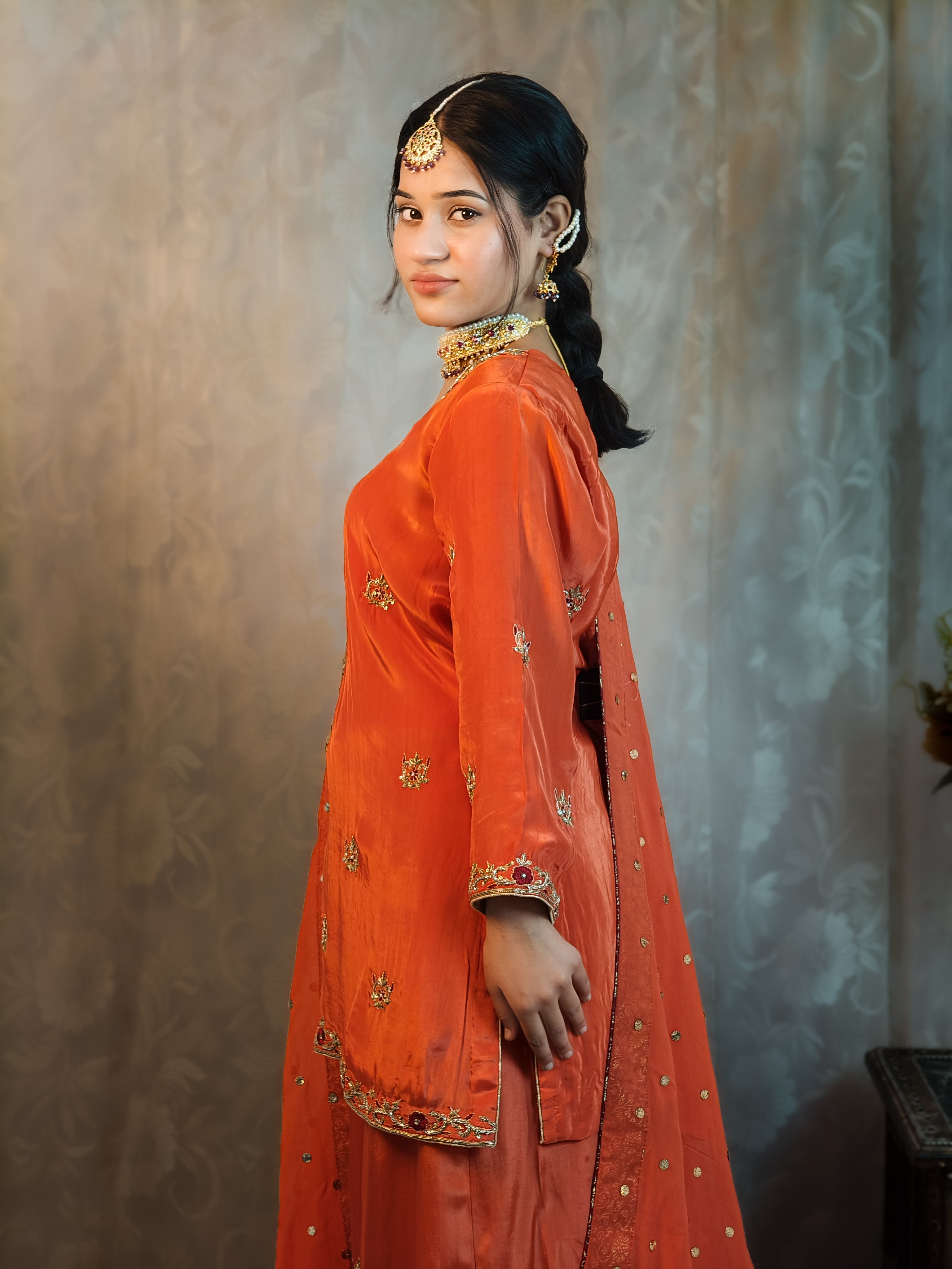 Burnt Orange Embroidered Sharara Plazo Set