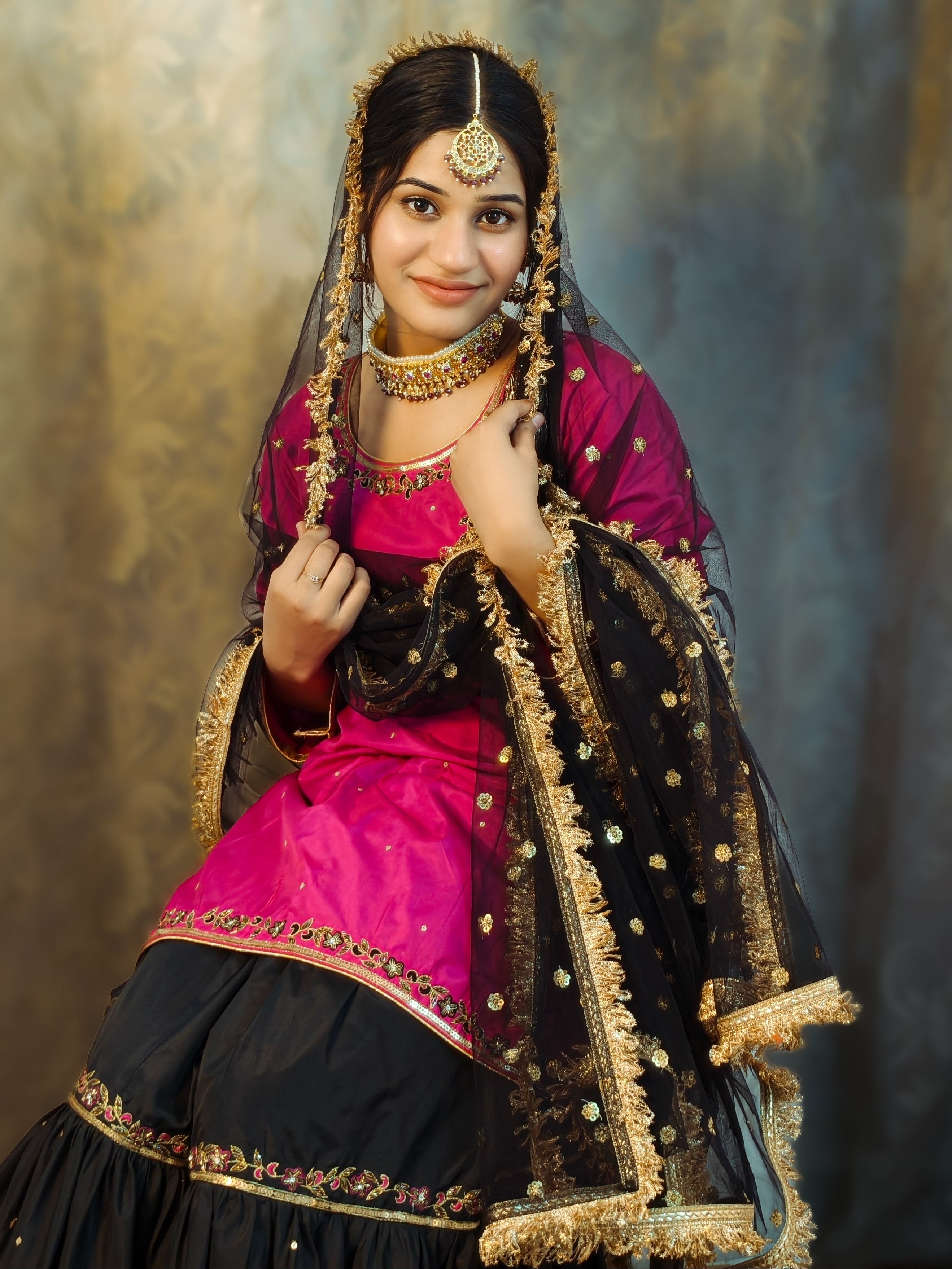 Pink & Black Embroidered Gharara Dress