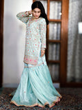 Ice Blue Gharara Set with Dabka, Zardozi & Resham Embroidery – Organza Fabric