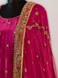 Magenta Silk Shirt with Chiffon Dupatta & Red Banarasi Brocade Gharara