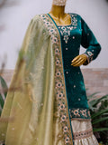 Emerald Tissue Gharara Set for Mehendi with Zardozi Work